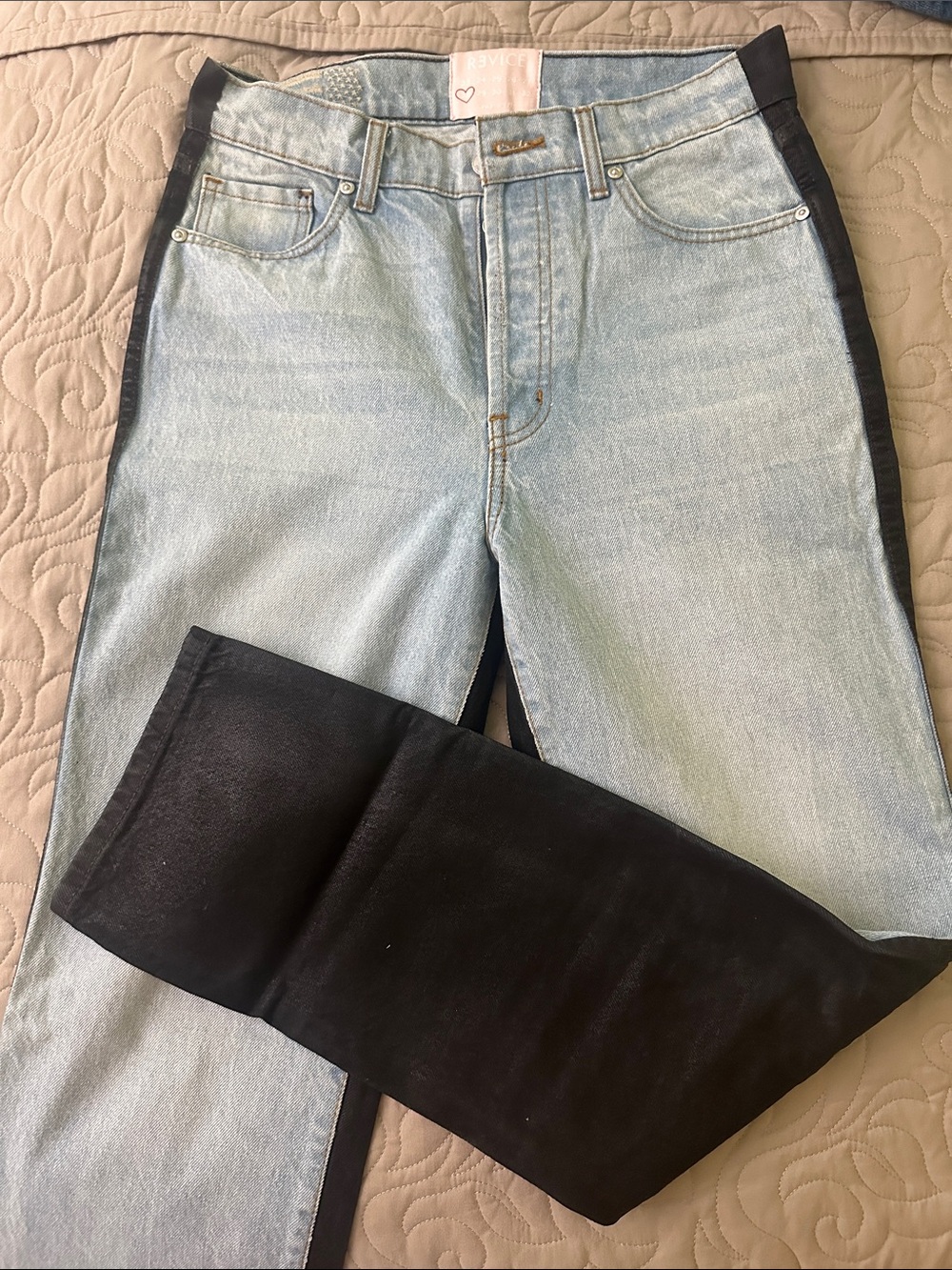 REVICE Light Blue Denim with Black Side Panels Straight Leg Jeans